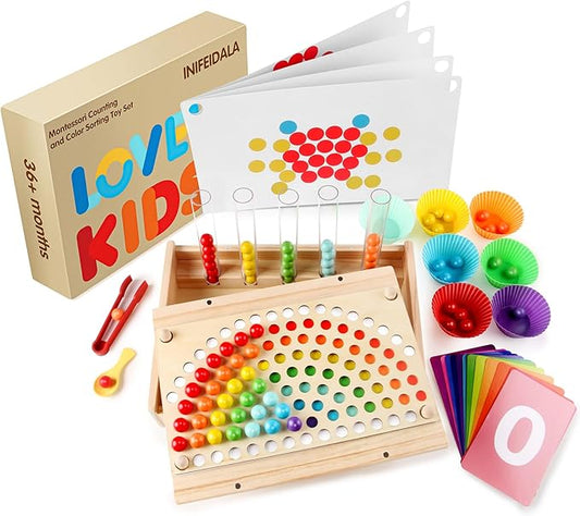 INIFEIDALA Montessori Toddler Learning Sorting Toys for 3-6 Year Olds - Rainbow Stacking, Number & Bead Matching Games with Wooden Peg Board, Develop Fine Motor Skills, Color & Math Skills