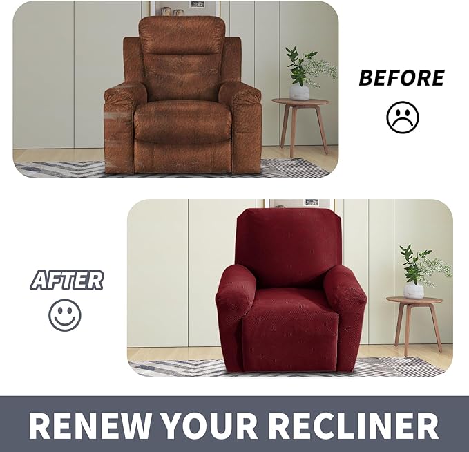 JIVINER Oversized Recliner Chair Covers, 3 Piece Slipcovers for Large Recliner Chair Soft Jacquard Reclining Chair Protector Slipcovers for Dogs,Cats (X-Large, Wine Red)