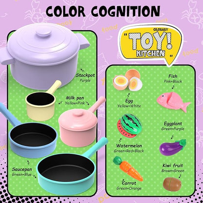 GILOBABY Play Kitchen Accessories, Play Food Sets for Kids Kitchen Playset with Pots and Pans Set, Cooking Utensils, Preschool Learning Education Toys for Toddlers, Birthday Gifts for Girls (Pink)