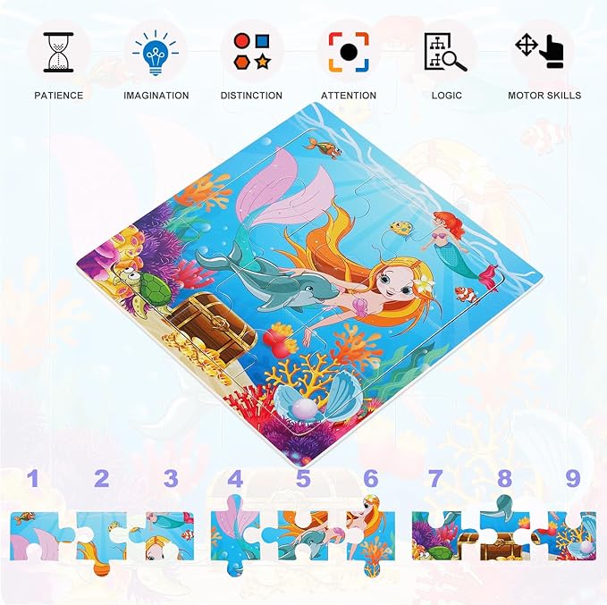 Wooden Puzzles for Toddlers 2-5 Years Old(Set of 6), 9 Pieces Preschool Educational and Learning Animal Jigsaw Puzzle Toy Gift Set for Girls