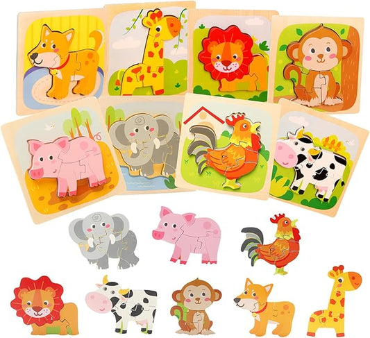 Wooden Puzzles for Toddlers 2-4, 8 Pack Animal Puzzles for 1-3 Years Boys Girls, Montessori Educational Toy for Ages 1-4, Baby Learning Toys Gifts with Storage