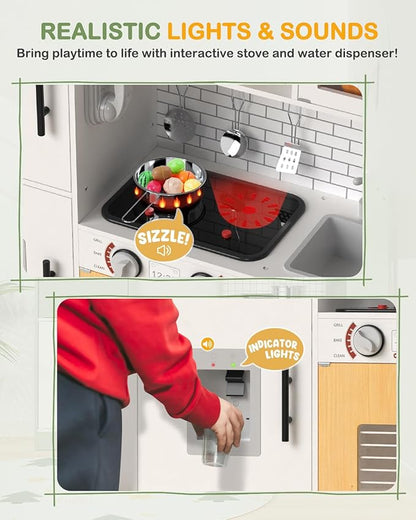 Babytronic Wooden Kitchen Playset for Kids, Interactive Play Kitchen with Lights & Sounds, Children Pretend Toy Kitchen Set with Faucet, Oven, Microwave, Kitchenware for Toddlers Ages 3+ (White)