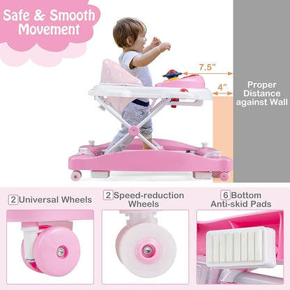 HONEY JOY Baby Walker, 6-in-1 Foldable Baby Walker and Bouncer Combo, Infant Activity Walker with Wheels, Adjustable Heights, Rocker, Music, Lights, Walker for Baby Boy Girl 7-14 Months
