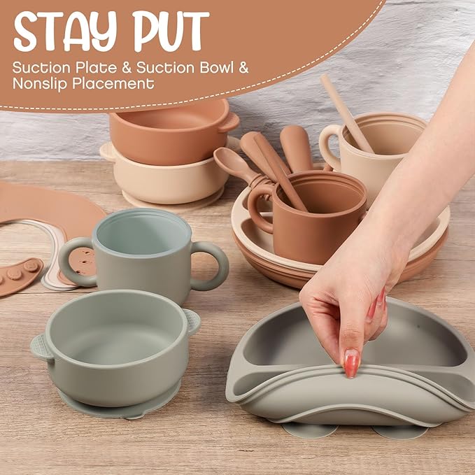 24 Pack Silicone Baby Feeding Set Baby LED Weaning Supplies Includes Suction Divided Plates Soft Bowl Spoons Forks Adjustable Bib Snack Cup and Straws(Walnut Color, Beige, Smoky Gray)