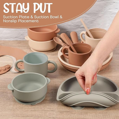 24 Pack Silicone Baby Feeding Set Baby LED Weaning Supplies Includes Suction Divided Plates Soft Bowl Spoons Forks Adjustable Bib Snack Cup and Straws(Walnut Color, Beige, Smoky Gray)