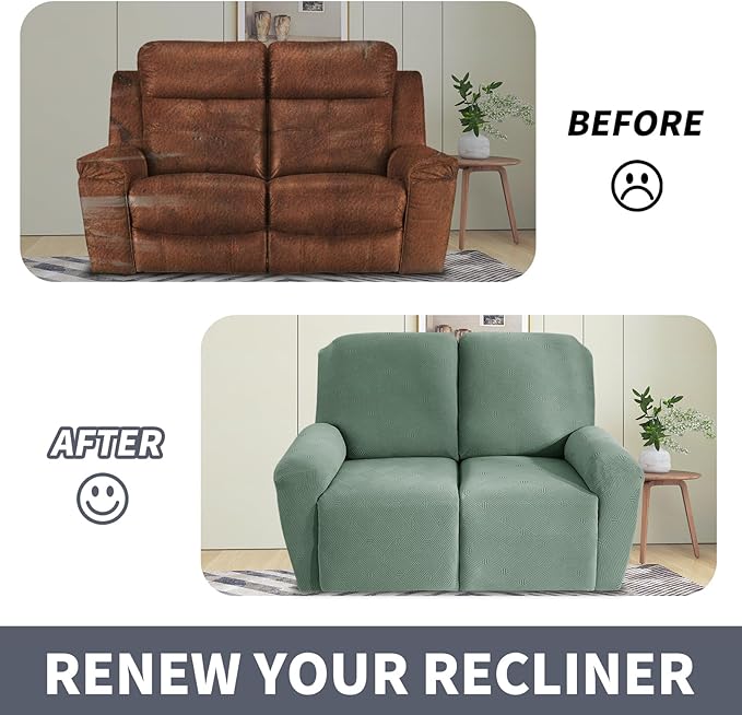 JIVINER Loveseat Recliner Covers, Jacquard 4 Piece Recliner Sofa Cover with Pockets Washable Lazy Boy Reclining Couch Protector with Elastic Bottom (Recliner Loveseat, Pea Green)