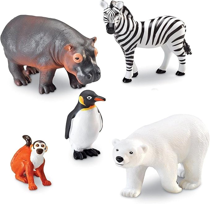 Learning Resources Jumbo Zoo Animals I Monkey, Penguin, Zebra, Polar Bear, and Hippo, 5 Animals, Ages 2+