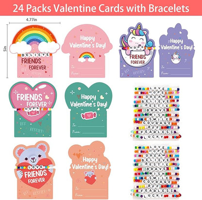 DAZONGE Valentines Day Gifts for Kids, Pack of 24 Friends Forever Valentines Cards with Friendship Bead Bracelets for Classroom Prizes, Exchange Gift, Valentine’s Day Cards for Kids School