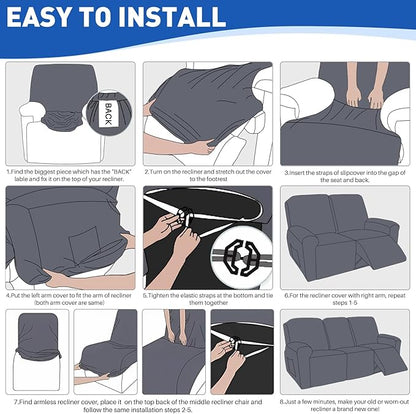 MAXIJIN Waterproof Recliner Couch Cover 5 Pieces Recliner Sofa Covers 3 Seater, Reclining Couch Furniture Protector with Elastic Straps & Pockets for Pet, Kids (Sofa Recliner, Dark Gray)