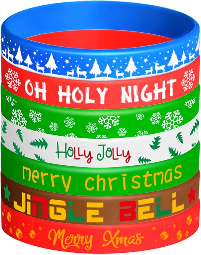 FEPITO 42 Pieces Christmas Silicone Wristbands Rubber Band Bracelets for Christmas Party Decoration Supplies 7 Merry Xmas Style