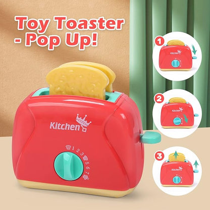 CUTE STONE Toy Kitchen Appliances Playset, Kids Kitchen Toy Mixer and Blender with Sound & Lights, Play Toaster, Cutting Play Food, Toddler Play Kitchen Accessories Set for Boys Girls