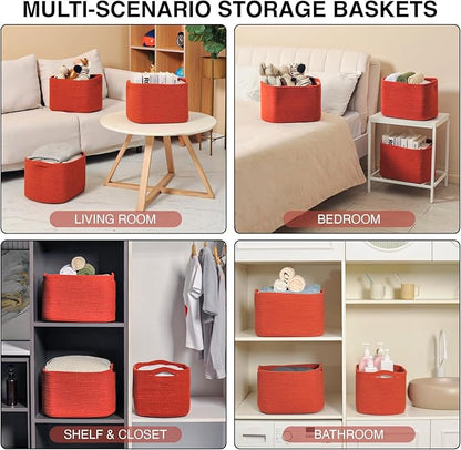 ICERZCZ Storage Baskets for Organizing, Storage Basket for Shelves, Toy Towel Basket for Bathroom Nursery, Woven Cotton Rope Baskets for Decor, 15"x11"x9.5", 3 Packs, Brick Red