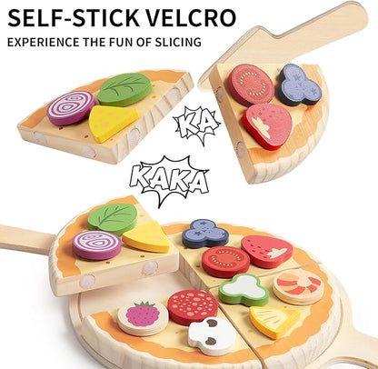 PairPear Wooden Pizza Toy Cutting Play Food Set, Kids Pretend Play Kitchen Accessories, Wooden Kids Kitchen Playset, Pizza Making Toy Set Cooking Gifts for Boys Girls Age 3+