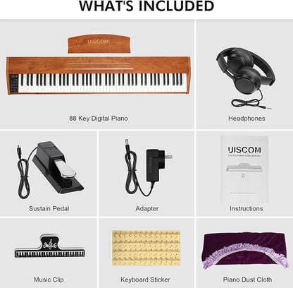 UISCOM 88 Key Digital Piano Keyboard for Beginners,Full Size Electric Piano Semi-Weighted Keyboard with Sheet Music Stand,Pedal,Headphone,Power Adapter,USB-MIDI Compatibility,Wood Grain Brown
