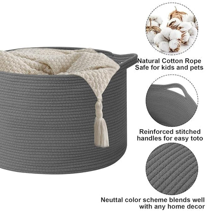 90L Extra Large Blanket Basket,Rope Woven Storage Basket with Handles, Laundry Hamper for Toys, Clothes, Pillows & Towels, Perfect for Living Room, Nursery & Bedroom,Dark Gry