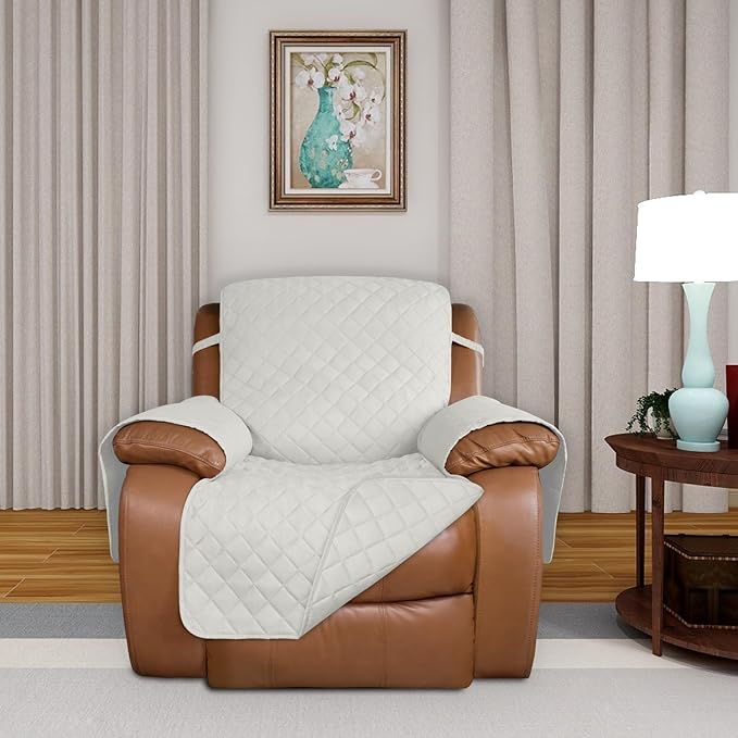 PureFit Reversible Quilted Sofa Cover, Water Resistant Slipcover Furniture Protector, Washable Couch Cover with Non Slip and Elastic Straps for Kids, Dogs, Pets (Oversized Recliner, Ivory/Ivory)