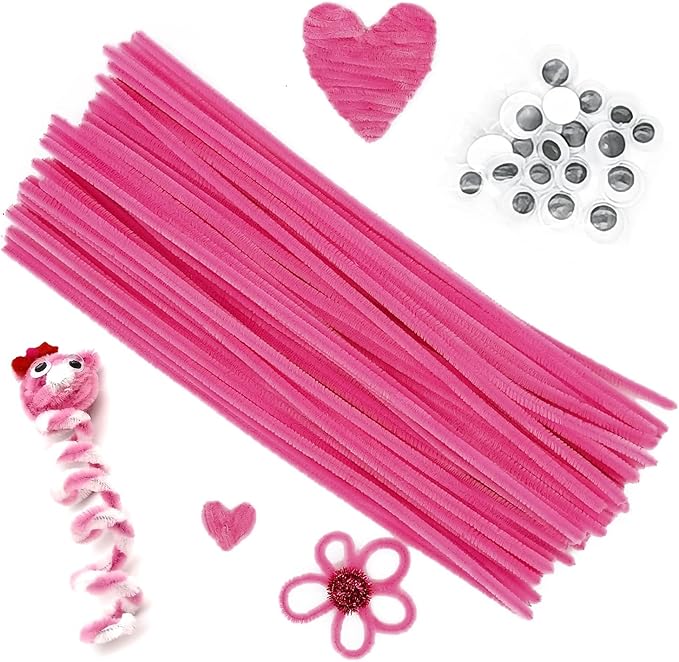 Cldamecy 100 pcs Pink Pipe Cleaners with 20 pcs Googly Eyes,Chenille Stems for Craft Project,Craft Pipe Cleaners for DIY Projects,Arts and Holiday Decoration