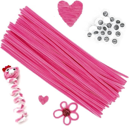 Cldamecy 100 pcs Pink Pipe Cleaners with 20 pcs Googly Eyes,Chenille Stems for Craft Project,Craft Pipe Cleaners for DIY Projects,Arts and Holiday Decoration
