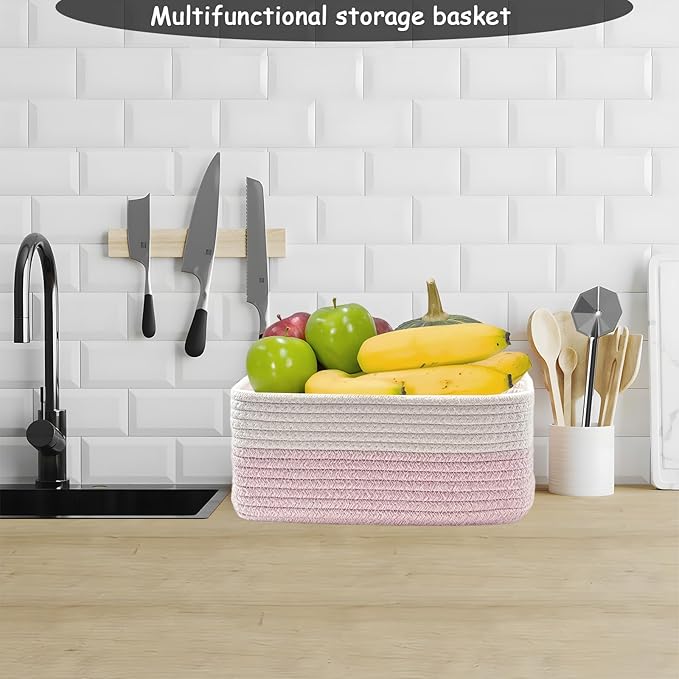 COMFY-HOMI 11.5"x7.5"x4.7" Storage Baskets for Organizing | Cotton Rope Woven Basket | Toy Storage Bin Box | Basket for Shelves, Closet Organizer Bin, Decorative Closet Shelf, 1 Pack white/pink