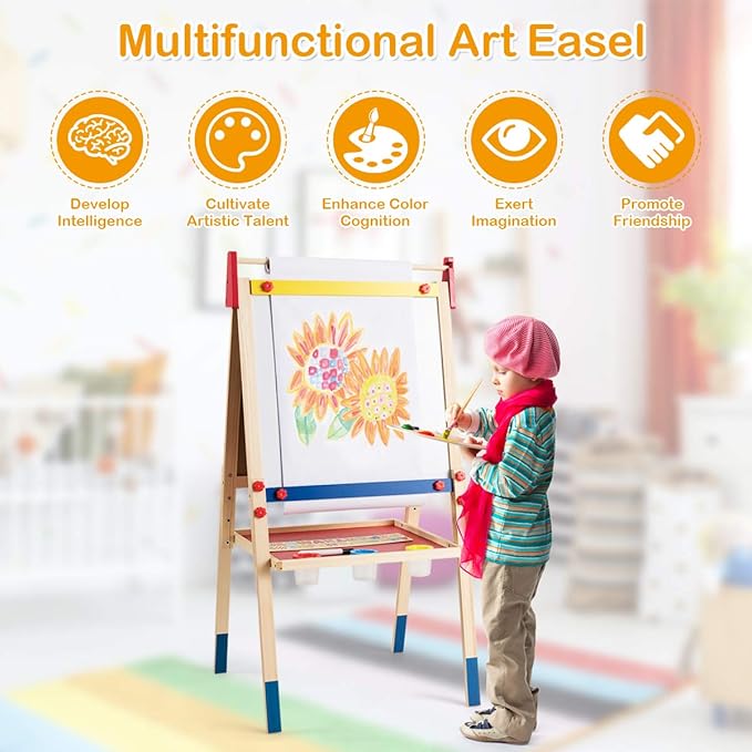 HONEY JOY Easel for Kids, Wooden Height Adjustable Standing Toddler Easel w/Magnetic Chalkboard & White Board, Paper Roll, Painting Accessories, Magnetic Alphabet, Art Easel for Boys Girls, Natural