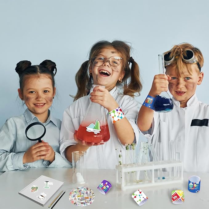 86PCS Science Party Favors Include 36PCS Science Slap Bracelets 50PCS Science Stickers Scientist Theme Stickers Snap Bracelet for Kids Science Birthday Party Supplies Decorations Classroom Rewards