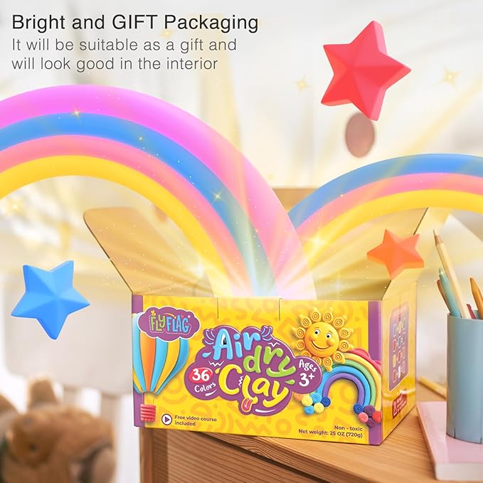FlyFlag Air Dry Clay - 36 Colors, Soft & Ultra Light, Modeling Clay for Kids with Accessories, Tools and Tutorials