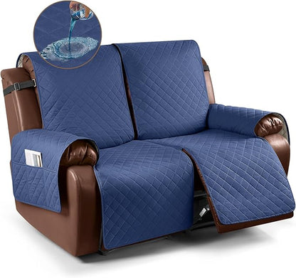 KinCam Waterproof Loveseat Recliner Cover, Non-Slip Reclining Couch Covers for 2 Seat, Recliner Sofa Cover Furniture Protector with Elastic Straps for Kids, Pets, Blue