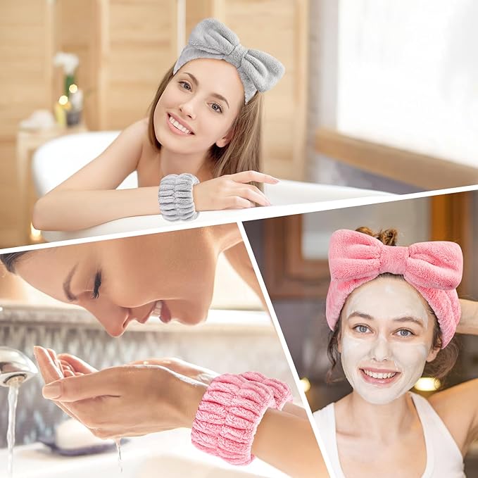 Dorbetar 6Pack Headband and Wristband Set for Washing Face, Spa Skincare Makeup Headband, Soft Puffy Hair Band Bow Tie, for Women and Teen Girl Trendy Stuff Gifts
