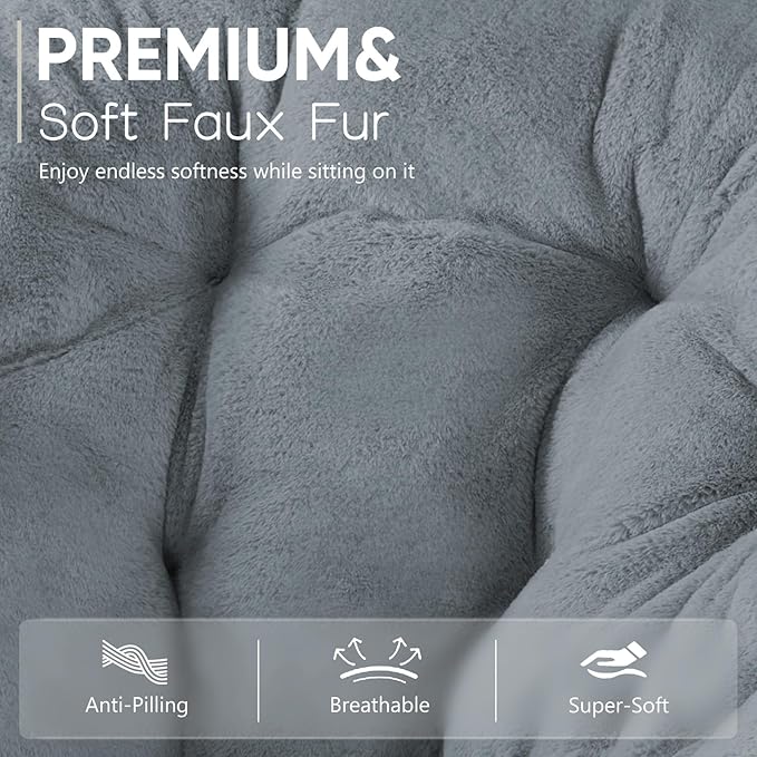 DUMOS Comfy Saucer Chairs, Faux Fur Lounge Bedroom Living Room Flexible Folding Seating for Kids Adults Soft Padded Metal Frame Modern for Home Office Grey