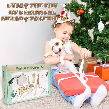 Musical Instruments for Toddlers 1-3, Wooden Montessori Musical Toys Set for Baby 1 Year Old with Boho Xylophone/Drum, Kids Preschool Educational Christmas Birthday Gifts for Girl Boy