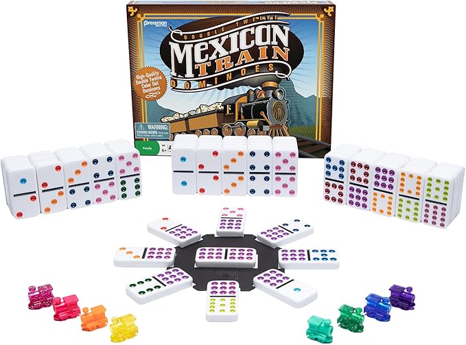 Mexican Train Dominoes - Beautiful Color Dot Double 12 Dominoes Set - Includes Train Markers and Hub by Pressman Multi Color, 5"