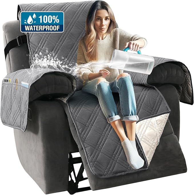 H.VERSAILTEX 100% Waterproof Recliner Chair Covers 1-Piece Reversible Recliner Covers for Large Recliner with Elastic Straps Sitting Width Up to 28" (Oversized Recliner, Grey/Beige)