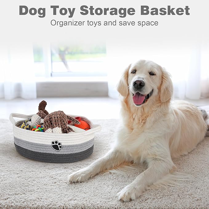 Optish Dog Toy Easter Basket, Toy Box and Bin for Dog Cat Storage, 13.5" X 11" X 5" Small Woven Rope Basket for Baby Storage, Closet, Living Room, White & Grey