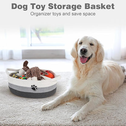 Optish Dog Toy Easter Basket, Toy Box and Bin for Dog Cat Storage, 13.5" X 11" X 5" Small Woven Rope Basket for Baby Storage, Closet, Living Room, White & Grey