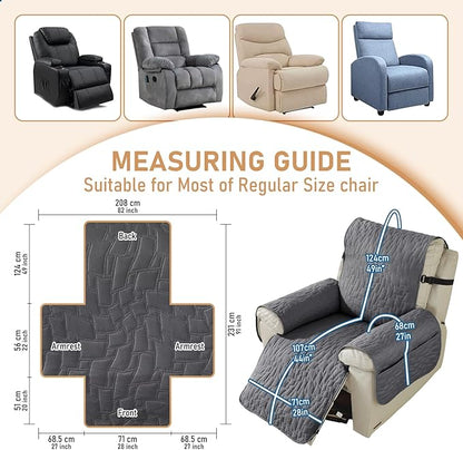 100% Waterproof Recliner Chair Covers for Reclining Chair, Small Recliner Covers That Stay in Place, Non-Slip Recliner Armchair Cover with Pockets for Kids, Pets, Dogs, Cat, Washable,Dark gray
