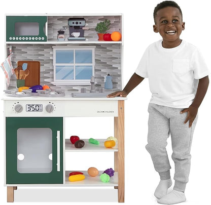 Delta Children Tiny Chef Play Kitchen - Toy Kitchen Playset with Realistic Knobs That Turn/Click, Oven, Sink, Microwave and 15 Pieces of Play Food, Green