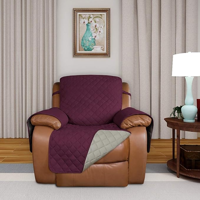 PureFit Reversible Quilted Sofa Cover, Water Resistant Slipcover Furniture Protector, Washable Couch Cover with Non Slip and Elastic Straps for Kids, Dogs, Pets (Oversized Recliner, Wine/Beige)