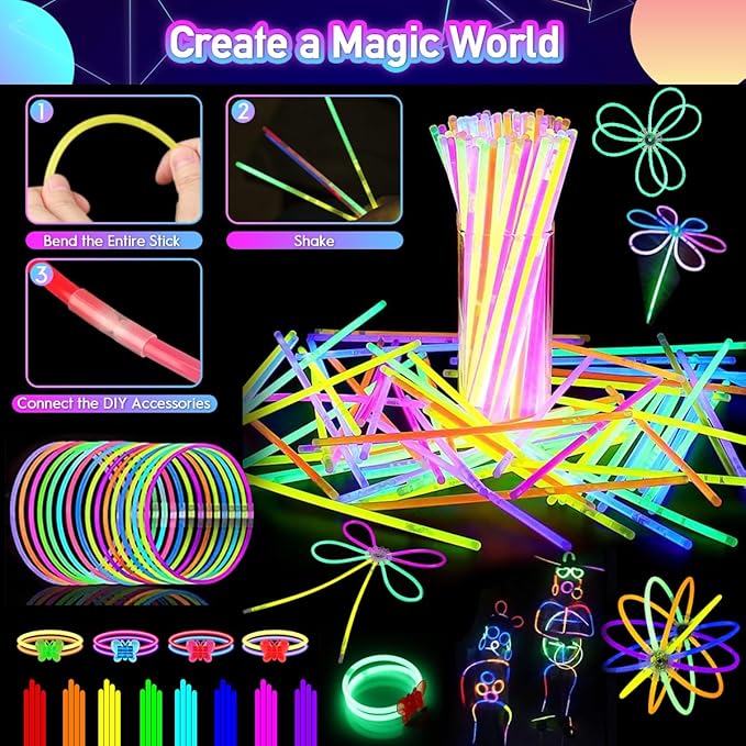 266PCS Glow in the Dark Party Supplies for Kids Adults, Light Up Party Favors LED Glasses, Headband,Rings,Finger Light,Bracelets,Meteor Necklaces,100 Glow Sticks Bulk DIY Necklaces Neon Party Supplies