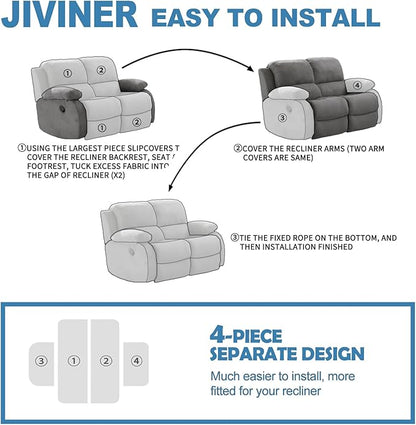 JIVINER 4 Pieces Recliner Loveseat Covers Stretch Recliner Sofa Slipcover with Elastic Bottom Jacquard Fitted Reclining Couch Cover Furniture Protector with Pockets (2 Seater, Light Grey)