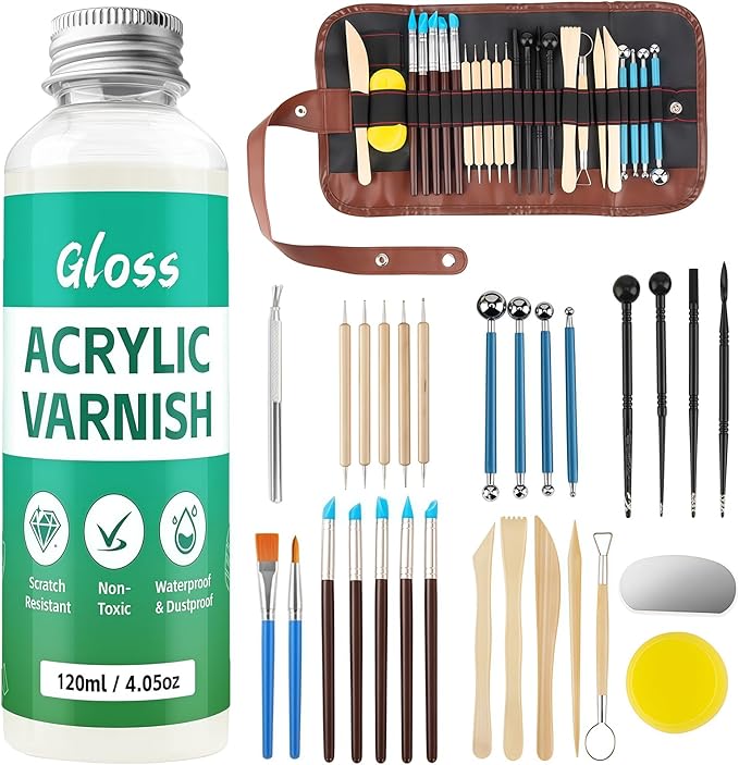 120ML Air Dry Clay Glaze with 29PCS Clay Tools Kit, Gloss Polymer Clay Kit and Clay Varnish, Pottery Tool Kit for Sculpting, Modeling, Shaping Crafts, High Gloss, Scratch Resistant