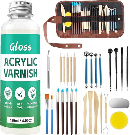 120ML Air Dry Clay Glaze with 29PCS Clay Tools Kit, Gloss Polymer Clay Kit and Clay Varnish, Pottery Tool Kit for Sculpting, Modeling, Shaping Crafts, High Gloss, Scratch Resistant