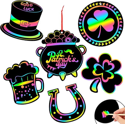 JULMELON 36 PCS St Patricks Day Scratch Art for Kids, St. Patrick’s Day Crafts for Kids Rainbow Color Magic Scratch Paper Cards Shamrock Hanging Ornaments DIY Crafts Decorations Party Favors