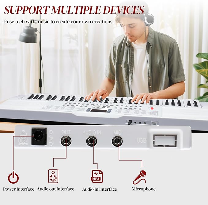 Ktaxon 61 Key Keyboard Piano Electric Keyboard w/Lighted Keys, Electric Piano Set with Headphones, Microphone, Music Rest, Power Adapter, Stand, Piano Bench and Manual (Full-White)