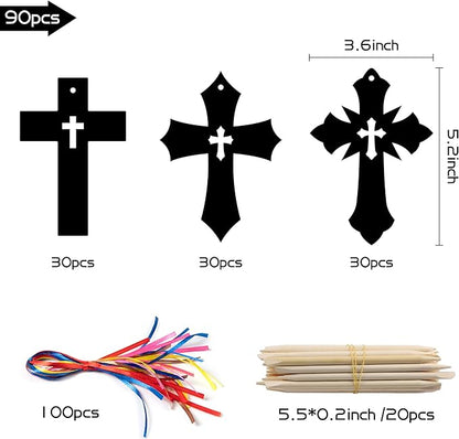 BeYumi 90Pcs Scratch Cross Ornaments DIY Magic Rainbow Color Scratch Cards Paper Art Party Favors Sunday School Classroom Decor Supplies Crafts Kit Religious Christian Birthday Gifts for Kids