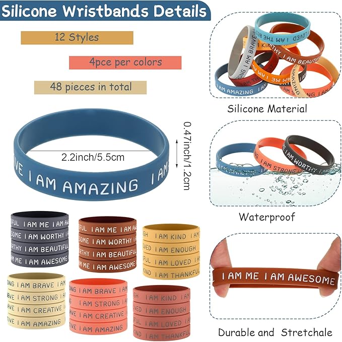 Sratte 48 Pcs Inspirational Silicone Wristbands Rubber Stretch Unisex Bracelets Student Gift Stocking Suffers for Class(Bright Color)