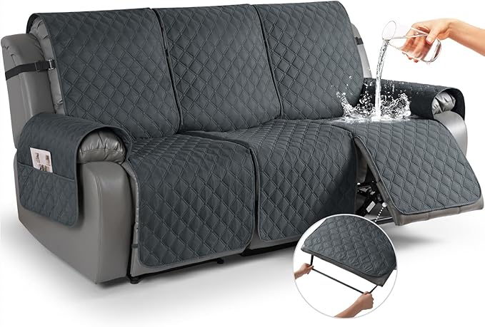 TAOCOCO 100% Waterproof Recliner Covers, Recliner Sofa Covers with Leg Straps, Reversible Recliner Couch Cover for Reclining Chair, Washable Couch Protector for Pets Kids(3 Seater, Dark Gray)