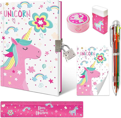 Unicorn Girls Diary with Lock, Set of Diary for Girls Incl. Kids Journal with Lock & Pen (6-Multicolor) Memo Ruler Sharpener Eraser Pink Girls Journal Writing Notebooks for Kids Gifts for Girls 6-8