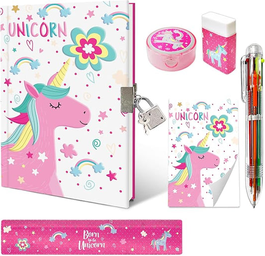 Unicorn Girls Diary with Lock, Set of Diary for Girls Incl. Kids Journal with Lock & Pen (6-Multicolor) Memo Ruler Sharpener Eraser Pink Girls Journal Writing Notebooks for Kids Gifts for Girls 6-8
