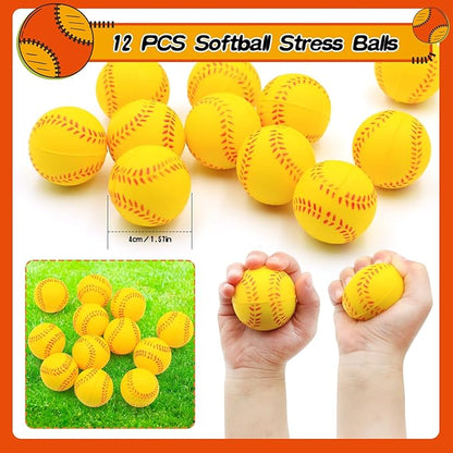 122Pcs Softball Party Favors Softball Goodie Bags Stuffers with Stress Ball Keychain Sticker Badges Silicone Bracelet for Softball Birthday Party Decorations