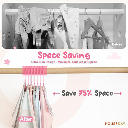 HOUSE DAY Premium Baby Hangers 60 Pack, 11 Inch Kids Plastic Hangers Pink, Slim Childrens Hangers for Infant, Toddler, and Child Clothes, Durable Baby Clothes Hangers for Closet